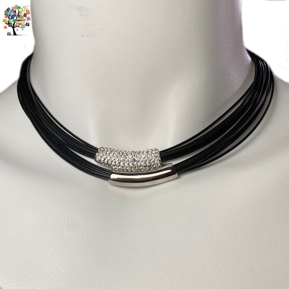 Black Cord/Stainless Steel/Crystals Necklace - Picture 3 of 3